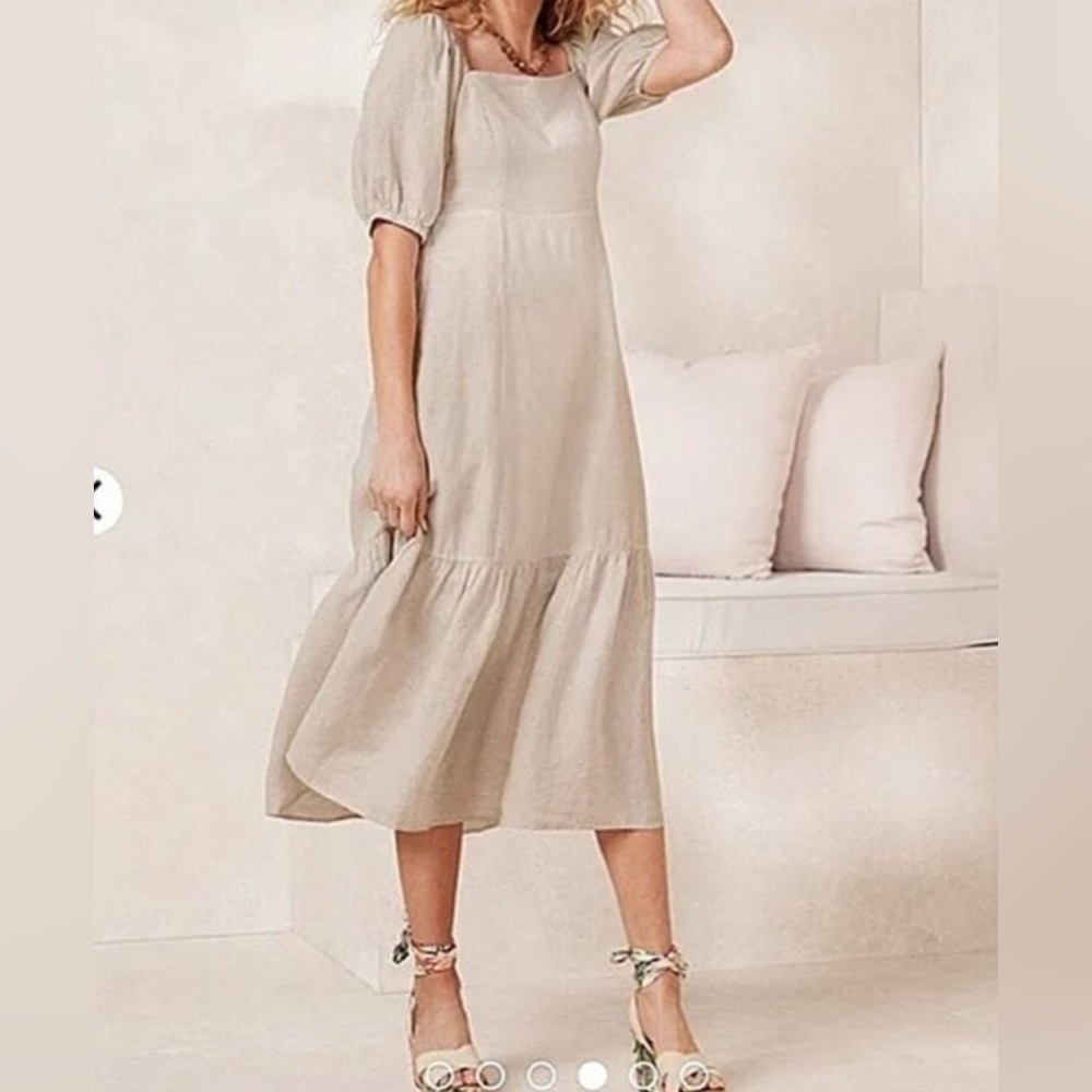 Garnet Hill Linen‎ Puff-Sleeve Midi Dress Women's Medium Ivory Cottaggecore